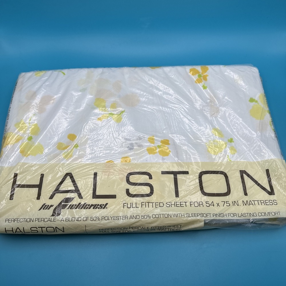 Vintage 1970s 70s FULL Fitted Sheet Fieldcrest Halston's Flower Fieldcrest New‎